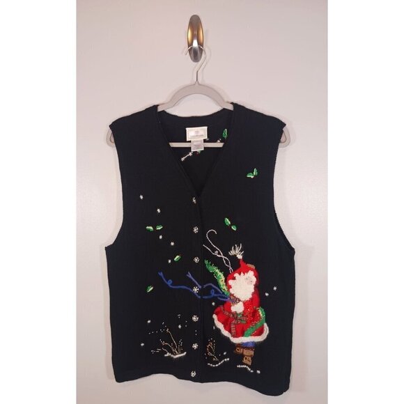 Susan Bristol Sweaters - Vintage 90's Christmas Santa Hand Embroidered Women's Vest Size L